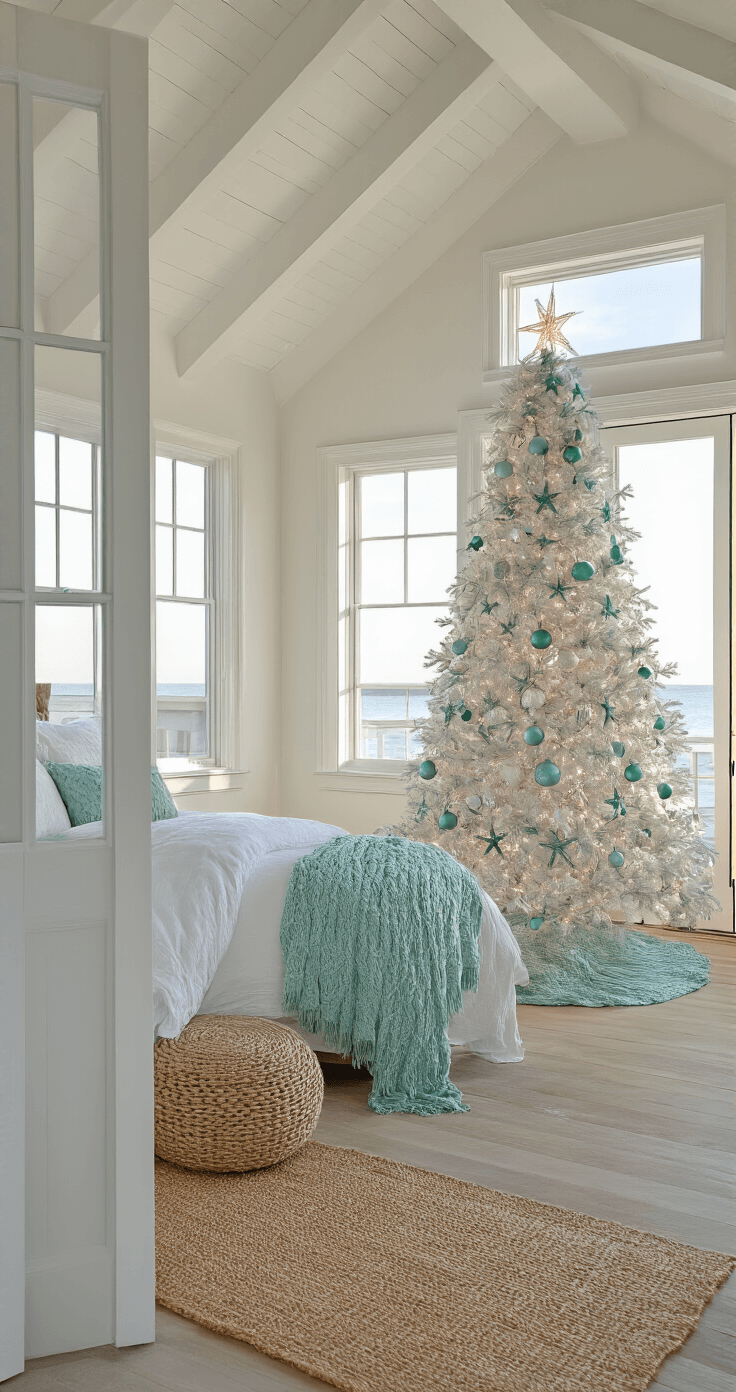 Coastal Christmas Decor: Transform Your Home into a Seaside Holiday Haven A cozy master bedroom featuring a cathedral ceiling, dawn light casting soft shadows, with French doors and a 5ft pre-lit white Christmas tree adorned with aqua and silver ornaments and starfish garlands. The bed is dressed in white linen bedding and sea foam green cable-knit throws, complemented by a jute pouf and a weathered trunk, creating a peaceful coastal atmosphere.
