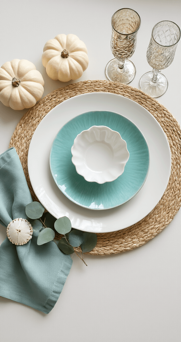 Coastal Thanksgiving Table Setting: Bringing Seaside Serenity to Your Holiday Feast Overhead view of an elegant place setting featuring a white ceramic dinner plate on a natural fiber charger, topped with an aqua salad plate and a shell-white appetizer bowl. A mercury glass goblet and champagne flute are placed in the upper right corner. A rolled seafoam linen napkin with a mother-of-pearl ring rests on the left, alongside a small white pumpkin, an eucalyptus sprig, and a sand dollar, all illuminated by natural daylight from a skylight.