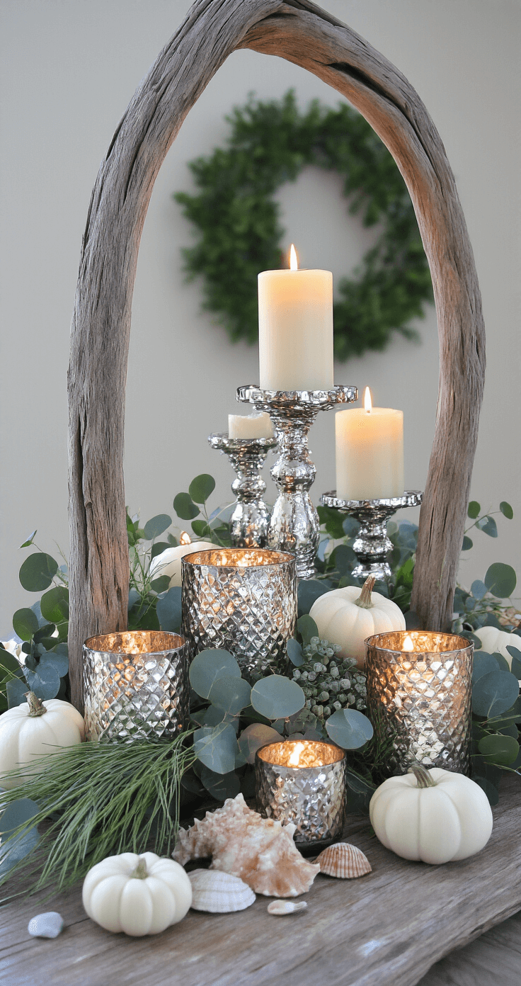 Coastal Thanksgiving Table Setting: Bringing Seaside Serenity to Your Holiday Feast A dramatic centerpiece cluster featuring weathered driftwood arch, mercury glass hurricanes with ivory candles, white mini pumpkins, silver-dollar eucalyptus, coastal grasses, scattered shells, and sea glass, captured in warm blue hour light with a shallow depth of field.