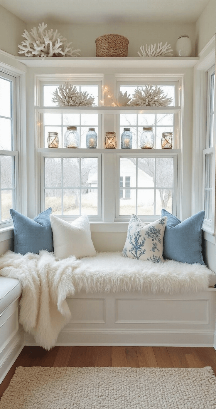 Coastal Christmas Decor: Transform Your Home into a Seaside Holiday Haven Cozy family room nook with bay windows, featuring a window seat with white faux fur throws and coastal-themed pillows, decorated with floating shelves of white coral and mercury glass votives, bathed in mid-morning light.