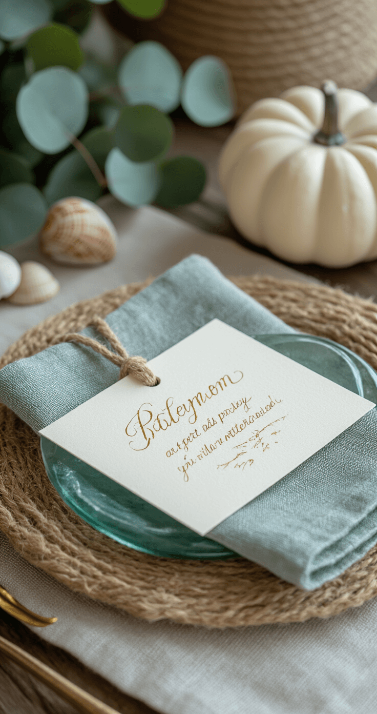 Coastal Thanksgiving Table Setting: Bringing Seaside Serenity to Your Holiday Feast Macro shot of layered textile detail featuring a natural fiber placemat, linen tablecloth, and sea glass-colored napkin, with a hand-calligraphed ivory place card in gold ink next to a miniature white pumpkin. A small pile of beach shells and a sprig of eucalyptus enhance the arrangement, illuminated by diffused natural light.