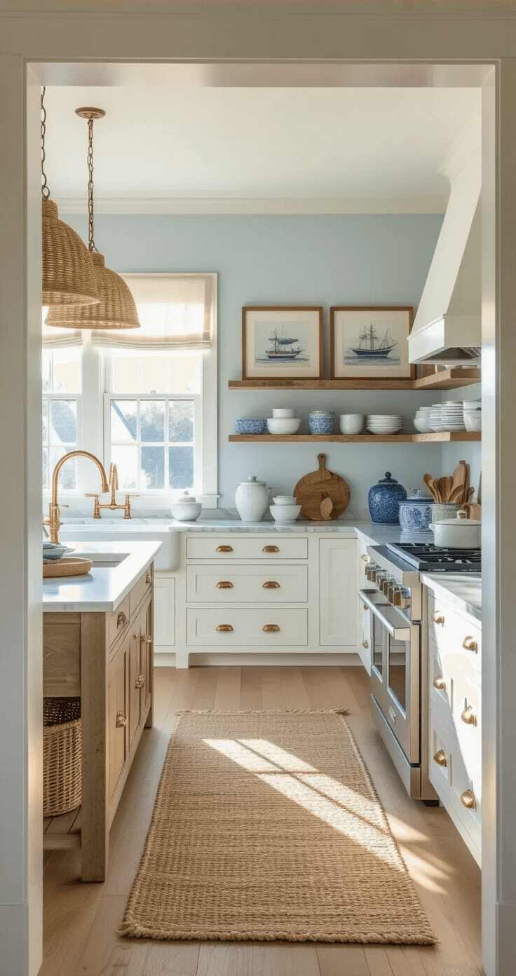 Coastal Cottage Kitchen: Your Ultimate Guide to Breezy, Cozy Culinary Spaces A sunlit coastal cottage kitchen featuring white Shaker cabinets and marble countertops, adorned with seagrass pendant lights and open shelving displaying white ceramics and blue glass. The pale blue-grey walls, vintage maritime prints, and textured jute runner complete the inviting ambiance.