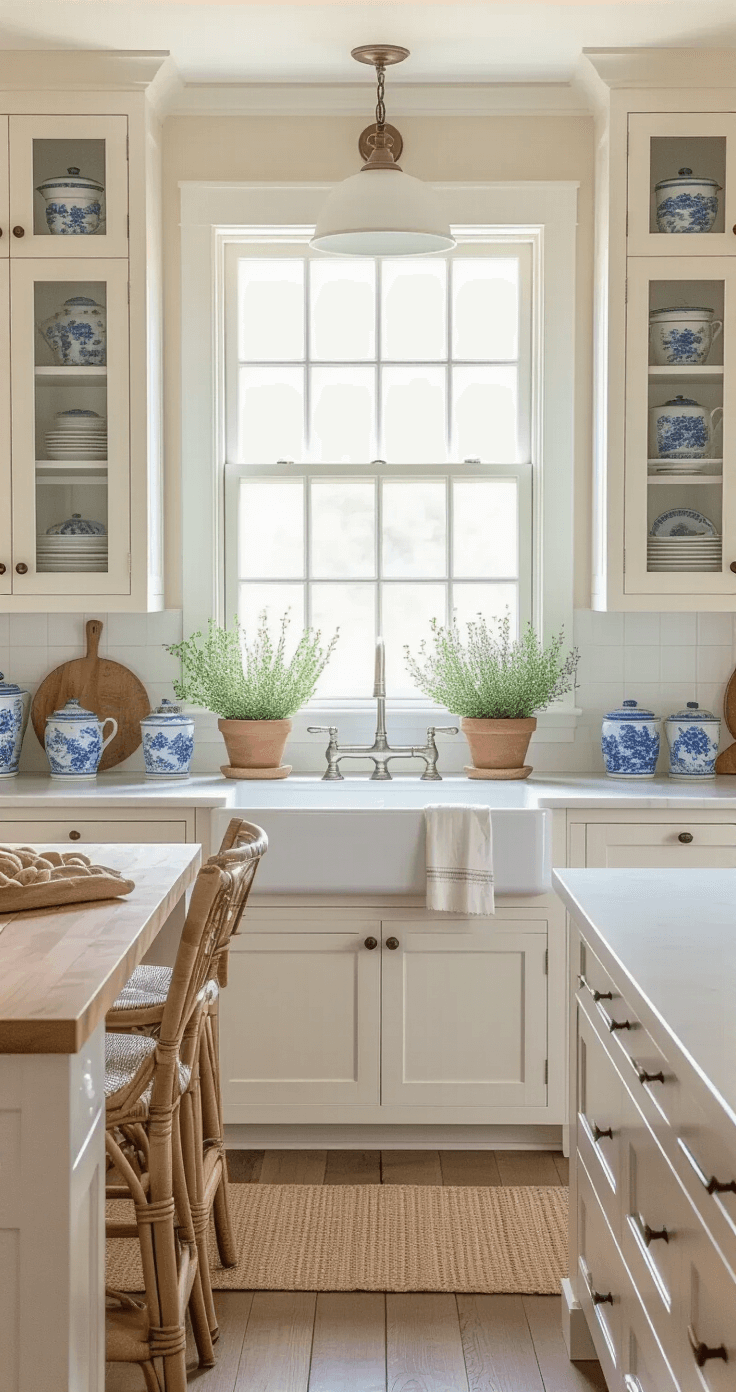 Coastal Cottage Kitchen: Your Ultimate Guide to Breezy, Cozy Culinary Spaces Cozy coastal kitchen featuring a white fireclay farmhouse sink, blue and white chinaware in glass-front cabinets, butcher block countertops, and a quartz waterfall edge island, illuminated by morning light streaming through the window, with potted herbs on the windowsill and sandy beige walls accented by driftwood.