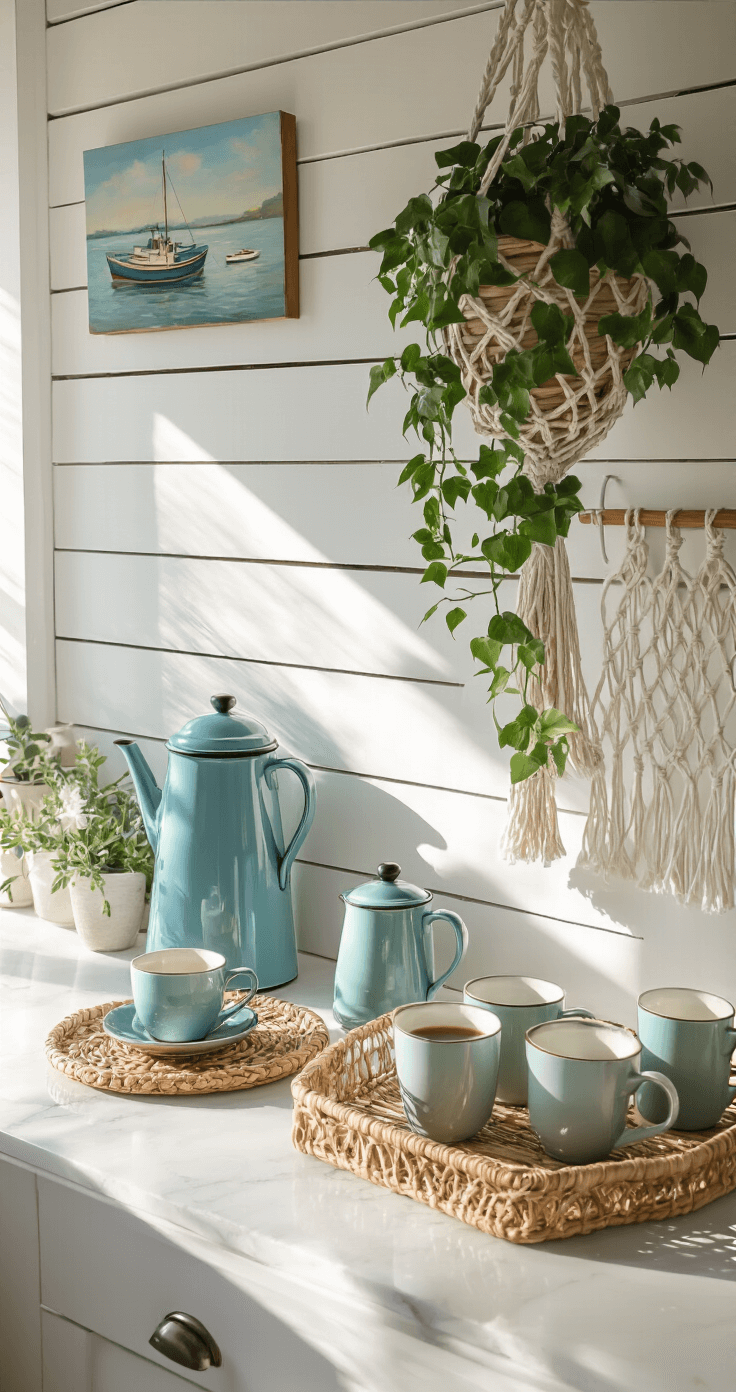 Coastal Cottage Kitchen: Your Ultimate Guide to Breezy, Cozy Culinary Spaces Aerial view of a coastal kitchen coffee station at dawn, featuring a white quartz countertop adorned with a vintage blue enamel coffee pot, a woven rattan tray, and seafoam ceramic mugs. The whitewashed shiplap backsplash adds texture, while morning light casts long shadows. A macramé plant hanger holds cascading ivy, and a small oil painting of boats showcases afternoon light.