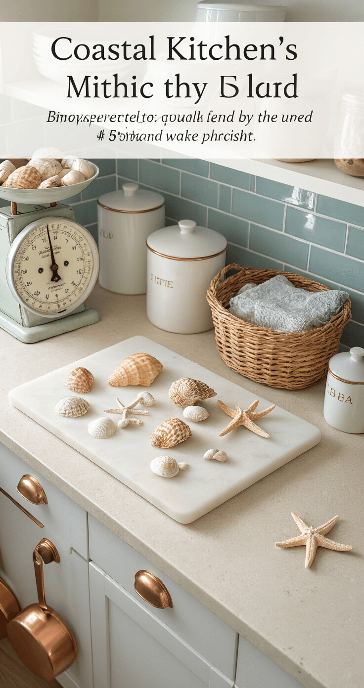 Coastal Cottage Kitchen: Your Ultimate Guide to Breezy, Cozy Culinary Spaces Overhead view of a coastal kitchen prep area featuring a marble pastry board on sandy quartz counters, a vintage scale with shells and starfish, white ceramic canisters with copper lids, a pale blue subway tile backsplash, a woven basket of linens, and copper cookware hanging from a white oak pot rack, all illuminated by soft midday light.
