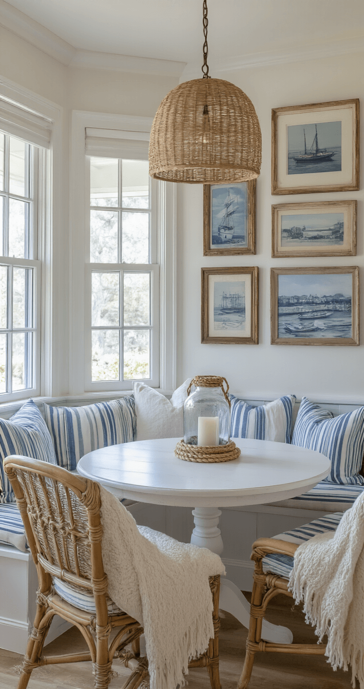 Coastal Cottage Kitchen: Your Ultimate Guide to Breezy, Cozy Culinary Spaces A cozy coastal kitchen dining nook at twilight with a built-in banquette adorned with striped blue and white cushions under a bay window. A whitewashed round table holds a glass hurricane lantern with rope detail, surrounded by a gallery wall of vintage seaside photographs in weathered frames. A rattan pendant light casts intricate shadows, complemented by cream throws adding softness to the decor.