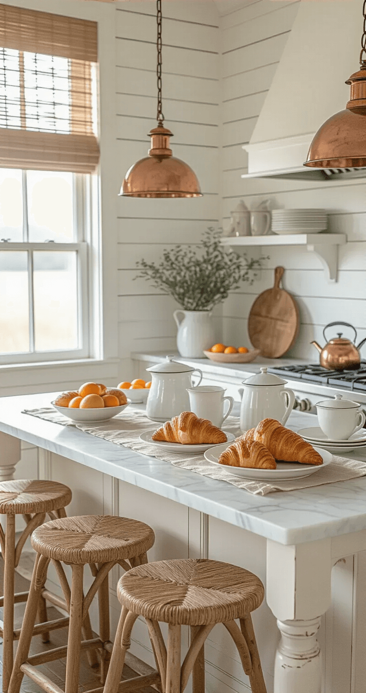 Coastal Cottage Kitchen: Your Ultimate Guide to Breezy, Cozy Culinary Spaces A coastal kitchen breakfast scene featuring a marble-topped island adorned with vintage enamelware, fresh croissants, and a coffee service on an aged linen runner. Weathered oak stools are tucked casually under the island, while copper kettles catch the golden morning light. The white planked walls and seagrass blinds filter sunlight, complemented by a bowl of citrus adding a vibrant touch.