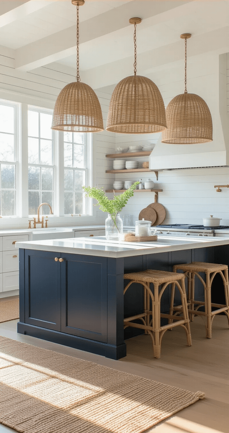 Coastal Pendant Lighting: Transform Your Kitchen with Breezy, Seaside-Inspired Elegance Bright coastal kitchen with shiplap walls and high ceilings, featuring a navy blue island and oversized rattan pendant lights, all bathed in morning light.
