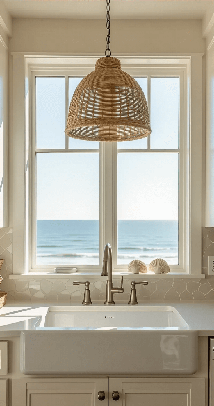 Coastal Pendant Lighting: Transform Your Kitchen with Breezy, Seaside-Inspired Elegance Modern coastal kitchen with a farmhouse sink beneath a large ocean-view window, featuring a seagrass pendant light, white quartz countertops, brushed nickel fixtures, and a shell-textured backsplash, all exuding a bright and airy ambiance.