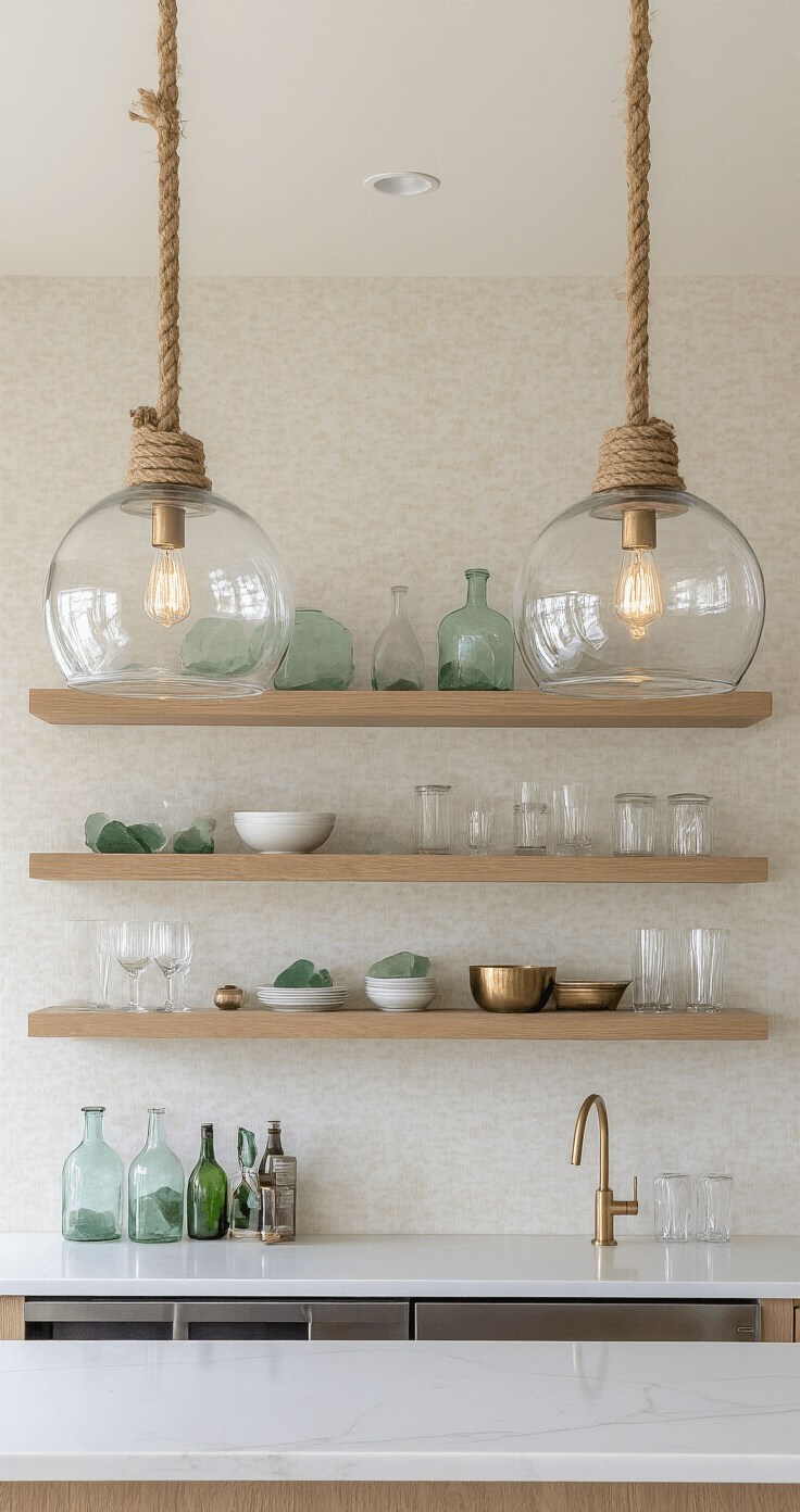 Coastal Pendant Lighting: Transform Your Kitchen with Breezy, Seaside-Inspired Elegance Minimalist coastal bar area illuminated by afternoon light, featuring oversized clear glass pendants with rope-wrapped cords, white oak floating shelves with sea glass and brass barware, and textured wallpaper resembling sand.