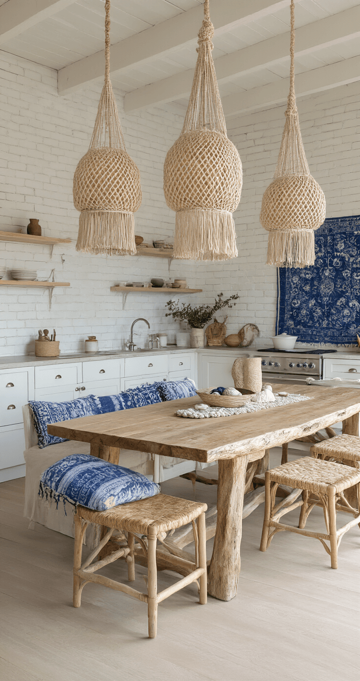 Coastal Pendant Lighting: Transform Your Kitchen with Breezy, Seaside-Inspired Elegance A spacious bohemian coastal kitchen featuring whitewashed brick walls and pale oak floors, illuminated by soft morning light. Four macramé and rattan pendants hang in a zigzag pattern above a large driftwood dining table adorned with vintage indigo textiles and collected shells. The image is taken from an elevated angle, capturing the elegant pendant arrangement.