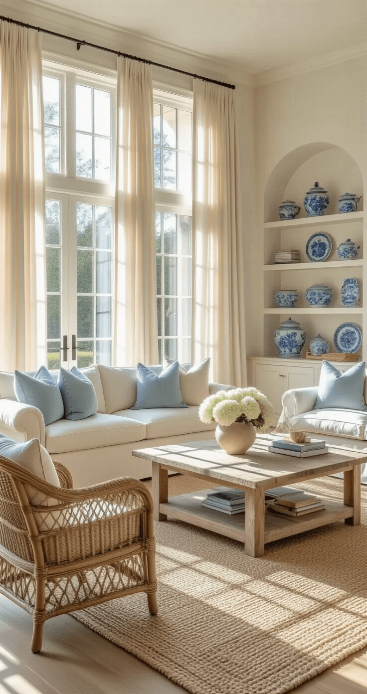 Coastal Granddaughter Style: Transform Your Home into a Breezy Sanctuary A cozy living room featuring a cream linen sofa with blue and beige throw pillows, surrounded by vintage rattan armchairs and a driftwood coffee table. Sunlight filters through sheer curtains, illuminating a whitewashed oak floor and showcasing antique blue-and-white chinaware on floating shelves, with fresh hydrangeas in a decorative vase.