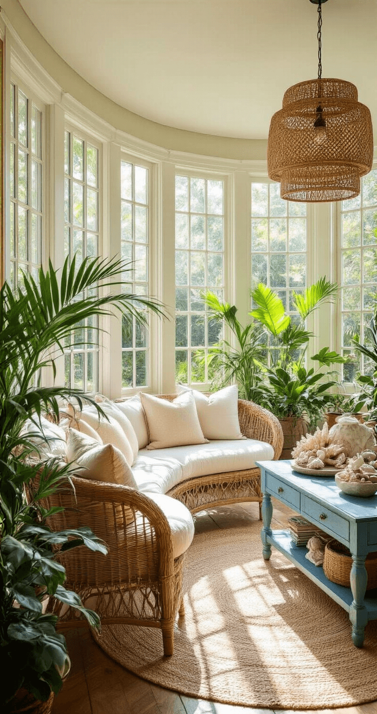 Coastal Granddaughter Style: Transform Your Home into a Breezy Sanctuary A sunroom measuring 12x14 feet with floor-to-ceiling windows, filled with warm mid-morning light. It features a curved rattan loveseat with cream cushions facing a garden, a weathered blue console table with shells and coral, and potted palms and succulents. A woven pendant light casts intricate shadows, captured in a high-angle shot to showcase the connection between indoor and outdoor spaces.