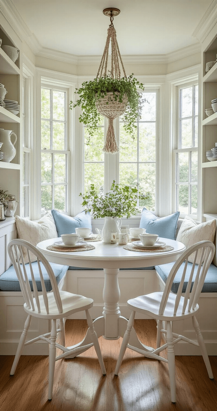 Coastal Granddaughter Style: Transform Your Home into a Breezy Sanctuary Cozy breakfast nook featuring a round pedestal table with distressed white finish, surrounded by Windsor-style chairs with pale blue cushions. A bay window with a window seat allows soft morning light to illuminate the space, showcasing open shelving with vintage pitchers and bowls, and a macramé plant hanger with a trailing vine.