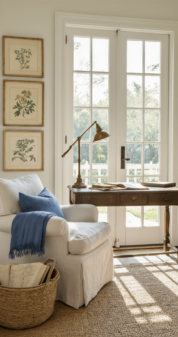 Coastal Granddaughter Style: Transform Your Home into a Breezy Sanctuary A study featuring French doors leading to a garden, illuminated by late afternoon golden light. A cream linen roll-arm chair adorned with a coastal blue throw sits beside an antique writing desk topped with a brass lamp. The wall showcases a gallery of vintage botanical prints in whitewashed frames, while a seagrass basket holds rolled maps. The low-angle perspective highlights the desk vignette with dramatic side lighting enhancing the mood.