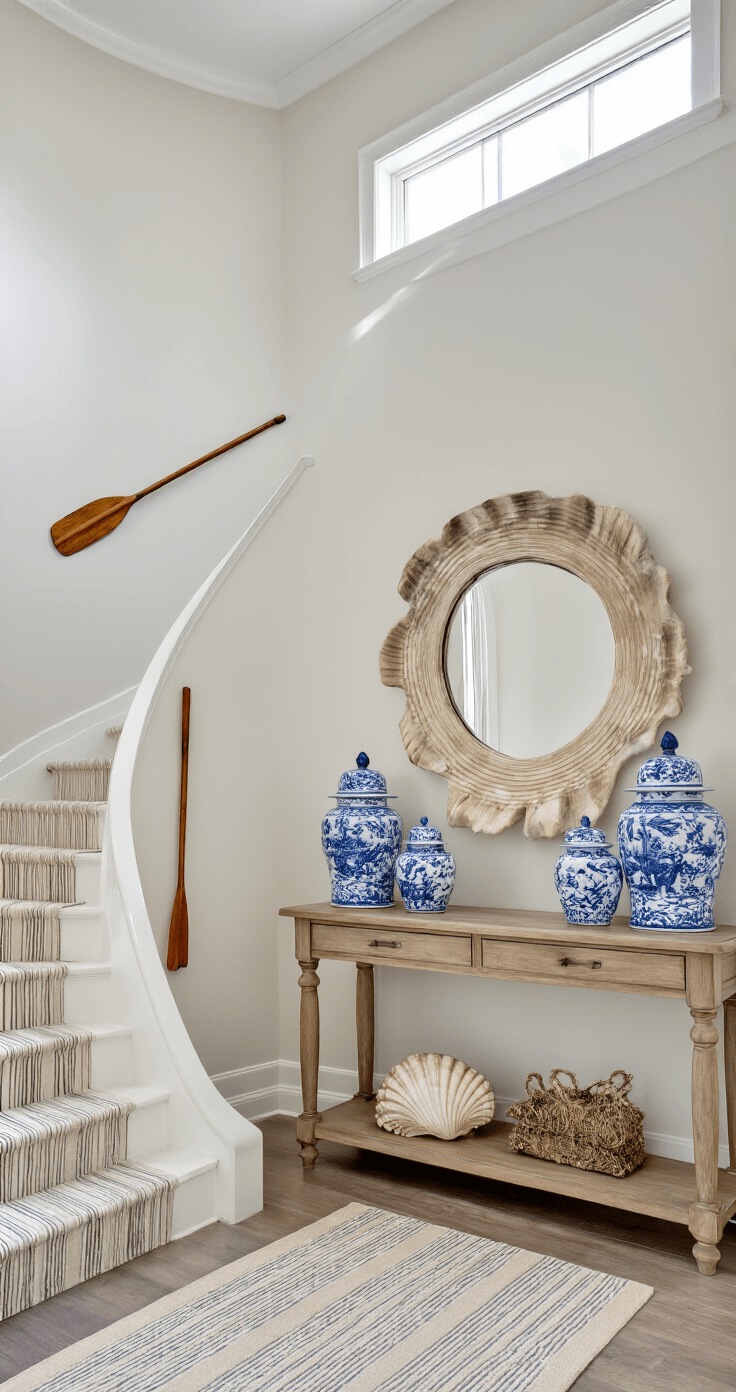 Coastal Granddaughter Style: Transform Your Home into a Breezy Sanctuary Brightly lit entryway featuring a curved staircase with a striped sisal runner, a driftwood console table topped with blue-and-white ginger jars, a vintage oar on the wall, and an oversized seashell mirror, all captured from a wide-angle perspective at the bottom of the stairs.
