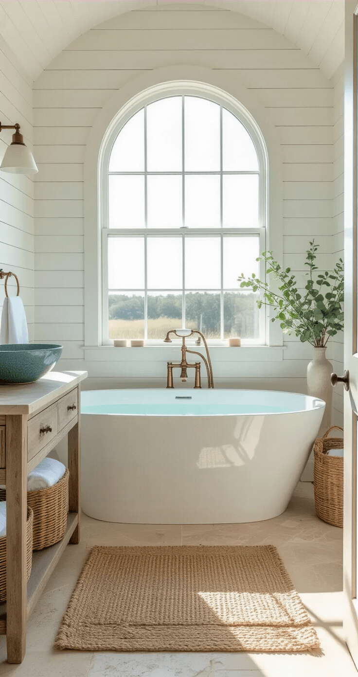 Coastal Bathroom Design: Transform Your Space into a Serene Seaside Sanctuary A sunlit coastal bathroom featuring a freestanding oval tub under an arched window, white shiplap walls, sandy travertine floors, and a weathered teak vanity with a blue vessel sink, adorned with seagrass baskets and linen towels, styled with eucalyptus branches and artisan soap.