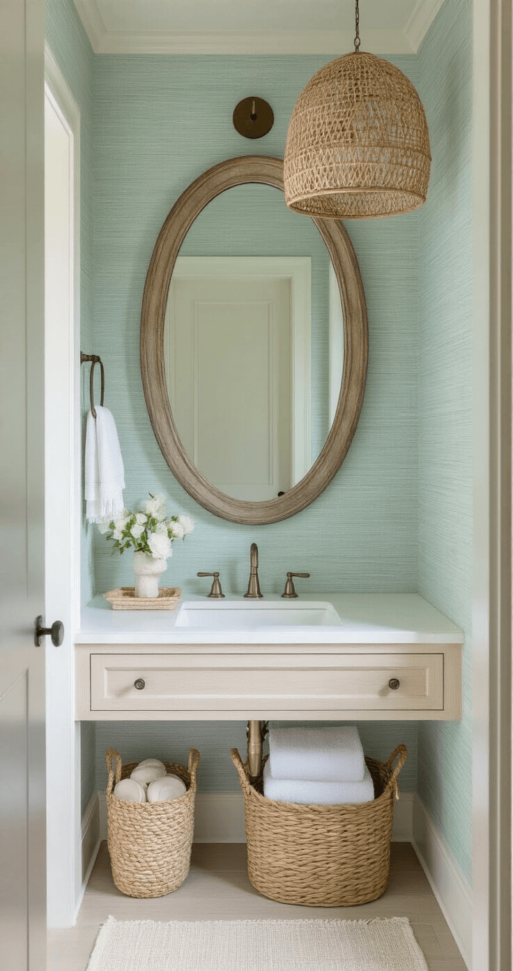 Coastal Bathroom Design: Transform Your Space into a Serene Seaside Sanctuary A cozy powder room featuring an antiqued oval mirror above a floating white oak vanity, accented by pale aqua grasscloth wallpaper and white trim. A woven rattan pendant casts intricate shadows, while natural fiber baskets and Turkish hand towels in cream and slate blue add texture. The photo is taken at a low angle with shallow depth of field, highlighting the mix of shells, bleached woods, and hammered metal.