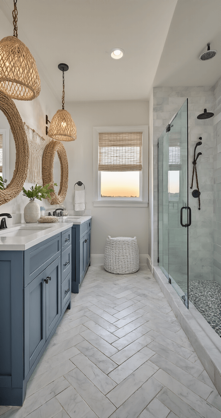 Coastal Bathroom Design: Transform Your Space into a Serene Seaside Sanctuary Aerial view of a master bathroom featuring herringbone marble floors in white and pearl gray, a weathered gray double vanity with coastal blue cabinets and quartz countertop, and a frameless glass shower with pebble tile. The space is adorned with rope-wrapped mirrors, a woven window shade, and a macramé wall hanging, all softly illuminated by morning light through sheer linen curtains.