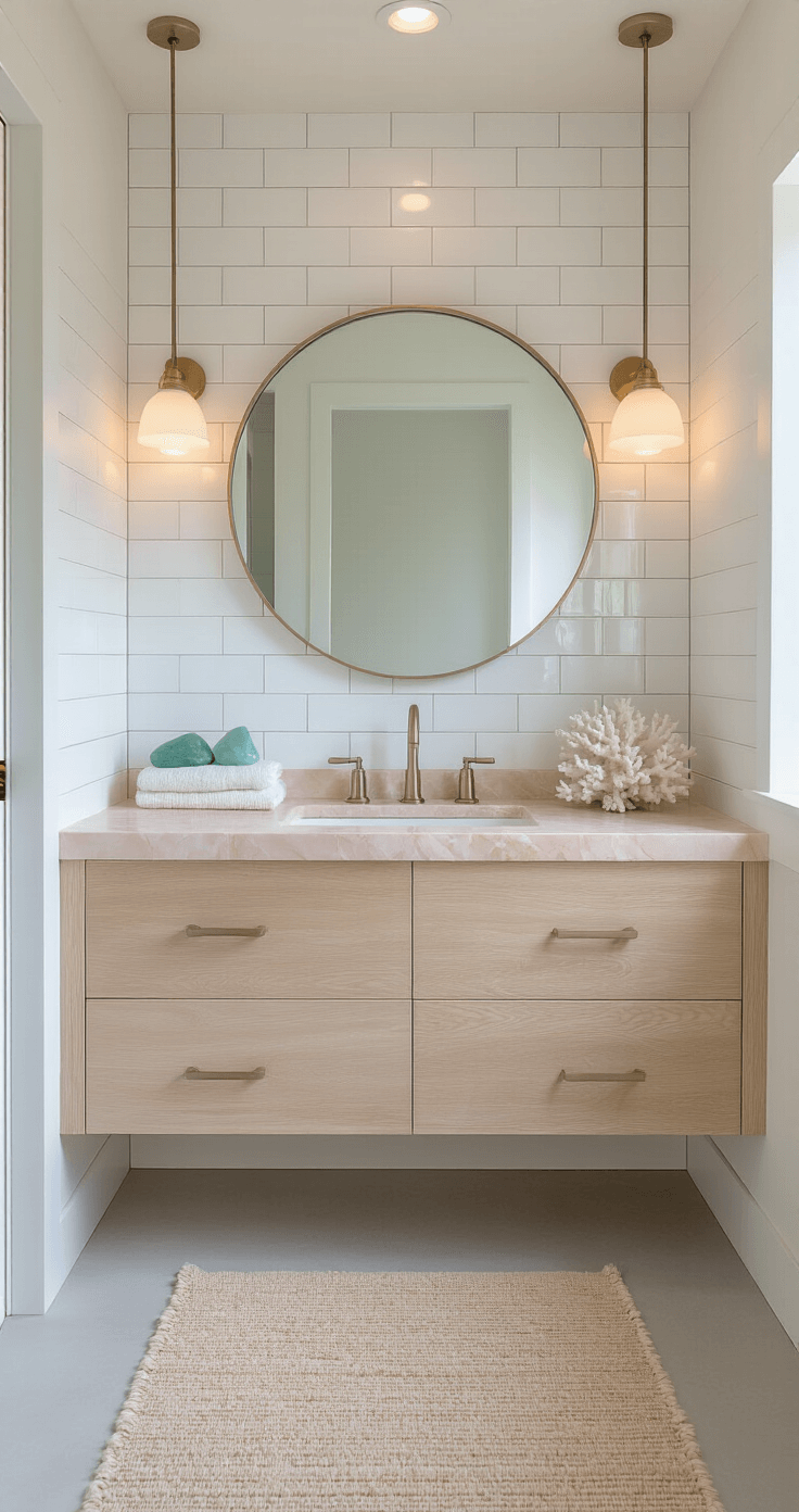 Coastal Bathroom Design: Transform Your Space into a Serene Seaside Sanctuary Minimalist beach house bathroom featuring white subway tiles, a floating bleached oak vanity with shell-pink marble, and a circular mirror, illuminated by natural light, with sand-colored concrete floors and coastal decor accents.