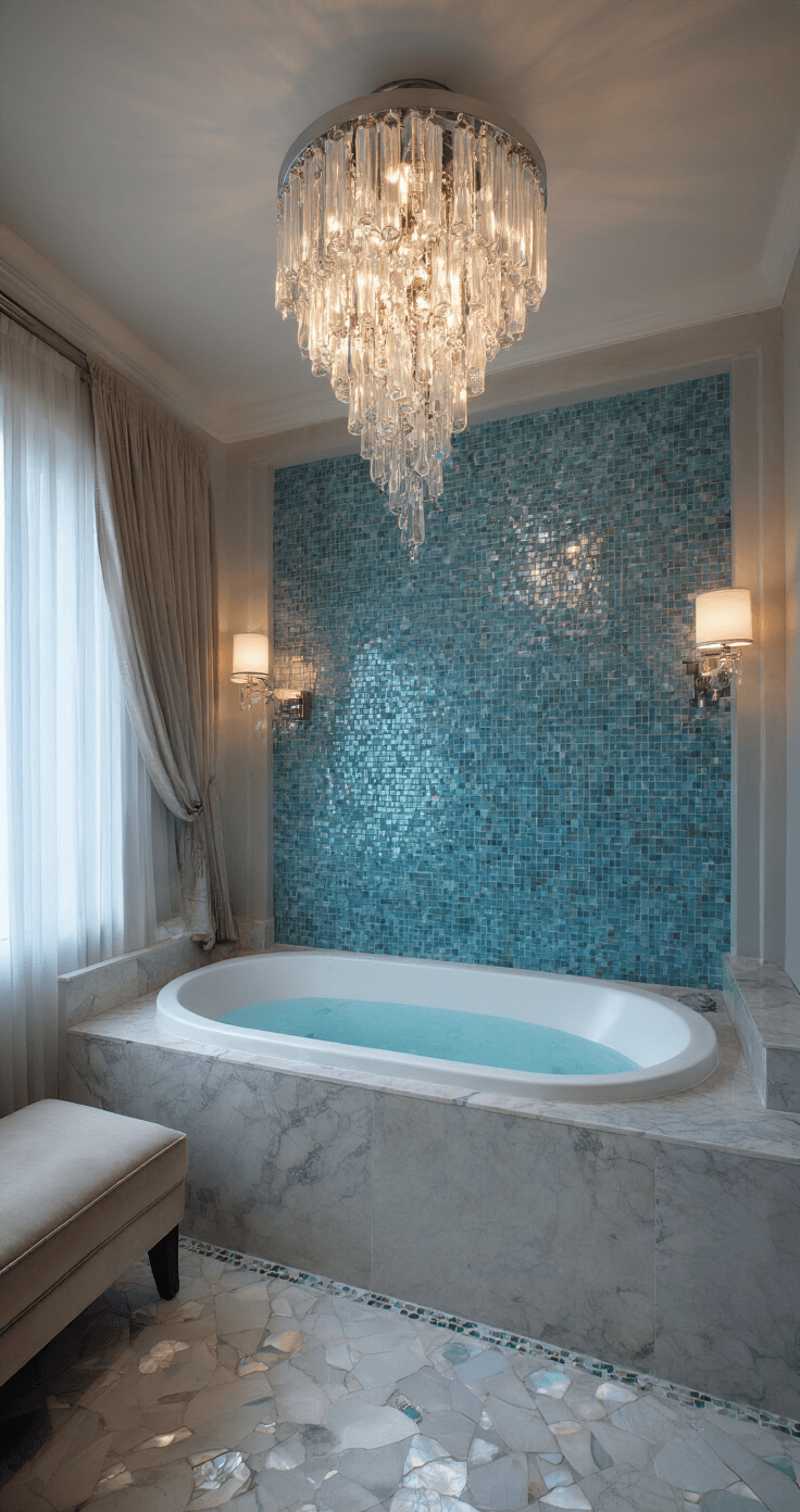 Coastal Bathroom Design: Transform Your Space into a Serene Seaside Sanctuary A luxurious spa bathroom at twilight featuring a freestanding soaking tub against a mosaic wall of blue and aqua shades, a chandelier resembling water droplets, marble floors with mother of pearl inlays, a cotton velvet bench, silk drapery, and frosted glass sconces, captured in a dramatic wide shot.
