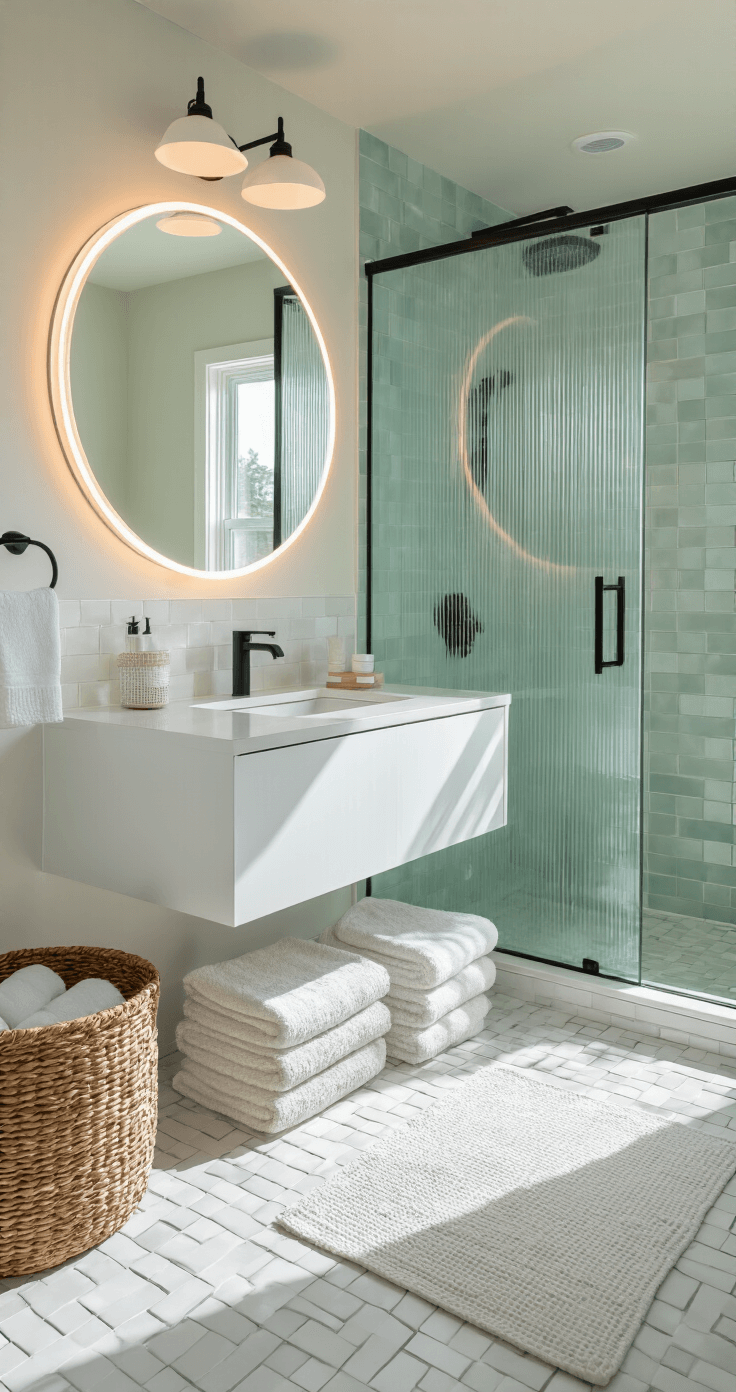 Coastal Bathroom Design: Transform Your Space into a Serene Seaside Sanctuary Contemporary coastal bathroom featuring geometric floor tiles in white and sea foam green, a high-gloss white floating vanity with matte black hardware, an oversized round mirror with LED lighting, ribbed glass shower doors, woven baskets, and waffle-weave towels, captured in afternoon light from a high-angle perspective.