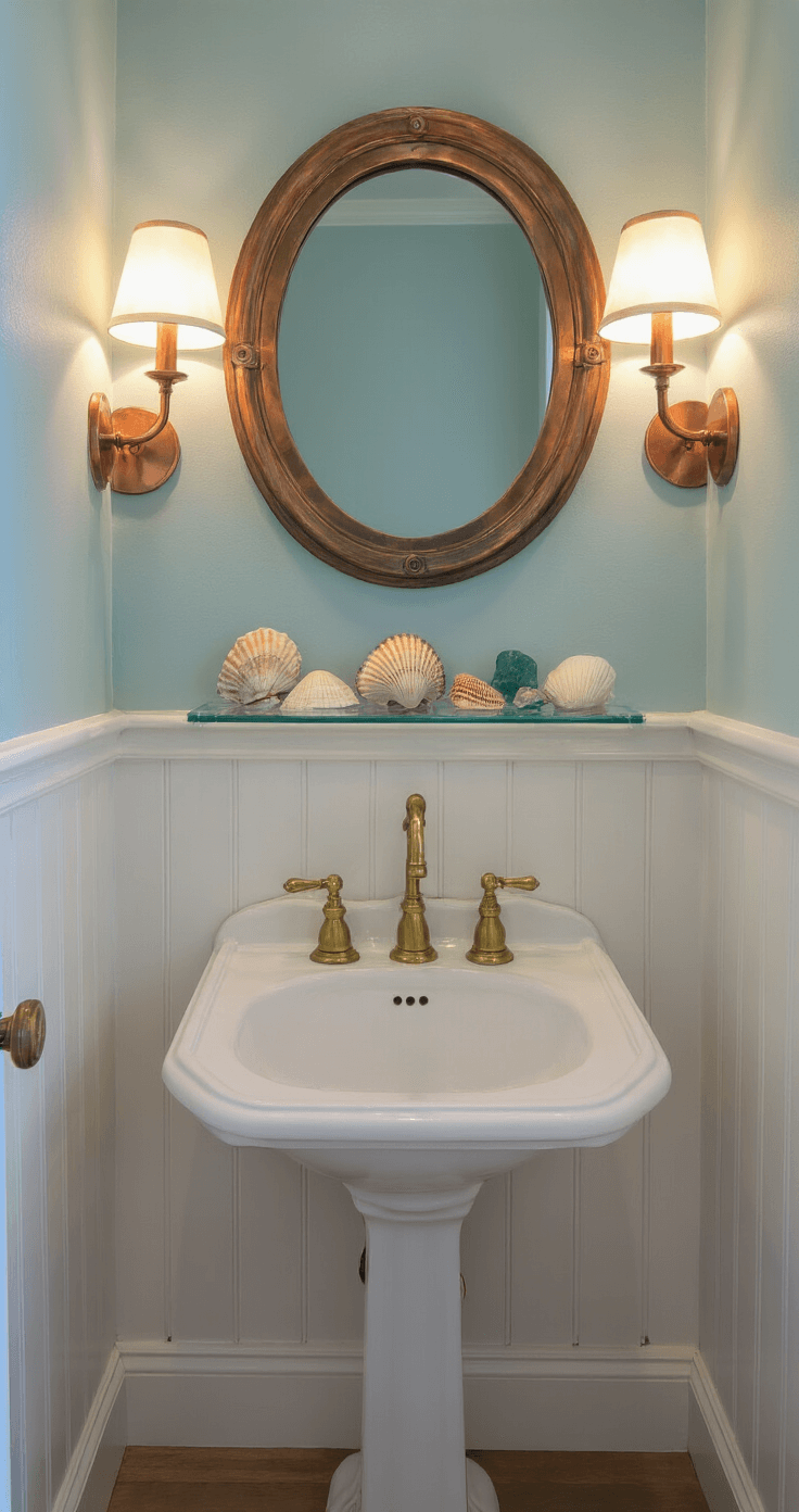 Coastal Bathroom Design: Transform Your Space into a Serene Seaside Sanctuary Petite guest bathroom with vintage pedestal sink and brass faucet, featuring white beadboard and pale blue walls, porthole mirror, and warm copper sconces, captured at dusk with soft focus.