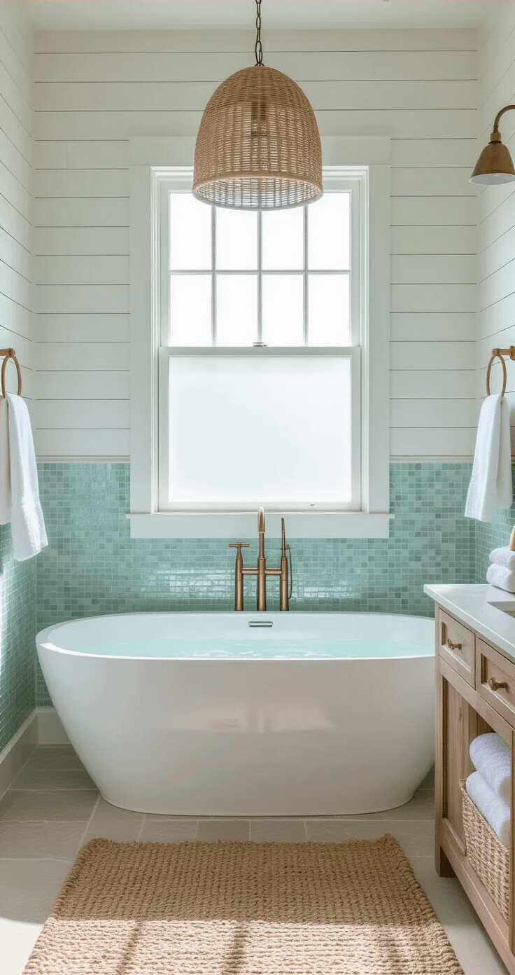 Creating Your Dream Coastal Bathroom: A Serene Sanctuary Awaits A serene coastal bathroom with white shiplap walls, a freestanding oval tub under a woven pendant light, natural jute rug on limestone flooring, and a weathered oak vanity displaying cotton towels and shell specimens, all bathed in soft morning light.