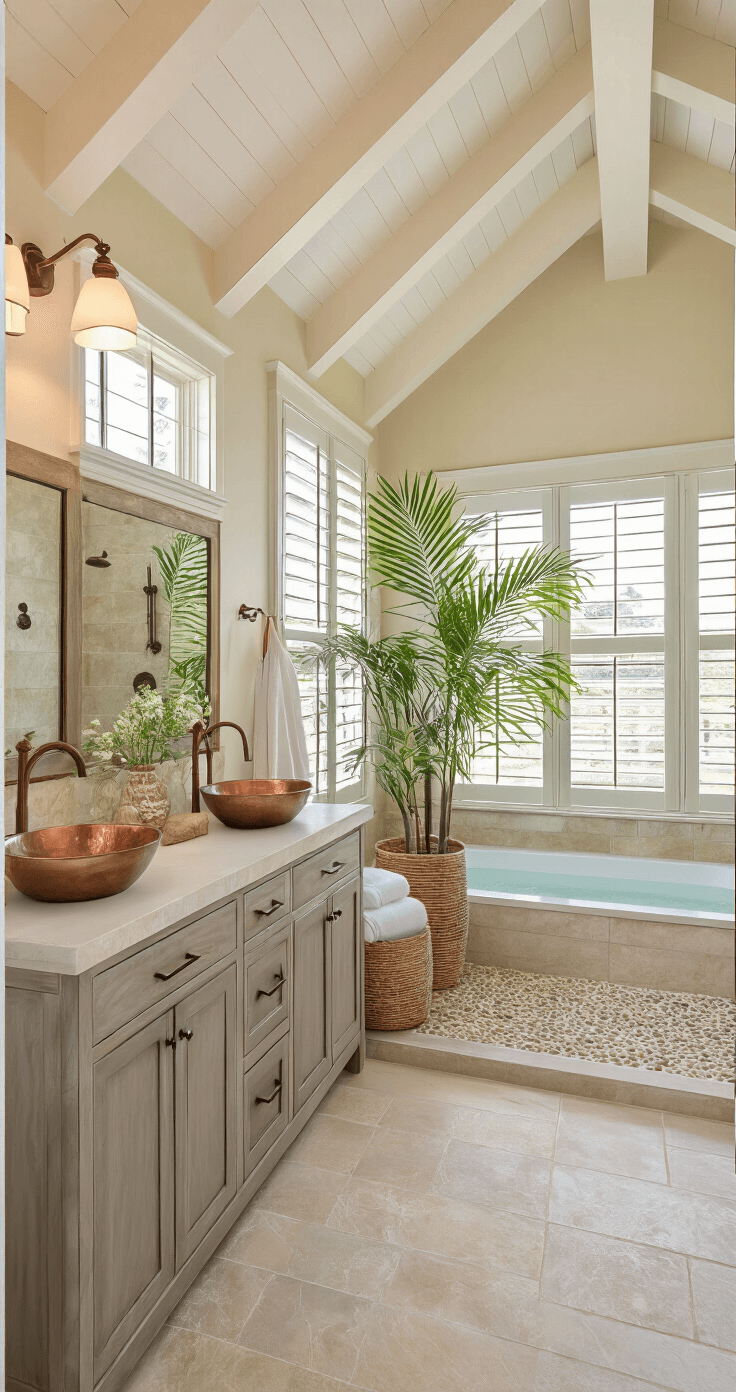 Creating Your Dream Coastal Bathroom: A Serene Sanctuary Awaits Master bathroom with 12ft ceilings and exposed white beams, featuring golden afternoon light, a double vanity in driftwood gray with hammered copper sinks, an oversized walk-in shower with pebble flooring, and layered decor including seagrass baskets and potted palms in a warm color palette of cream, driftwood, copper, and sage green.