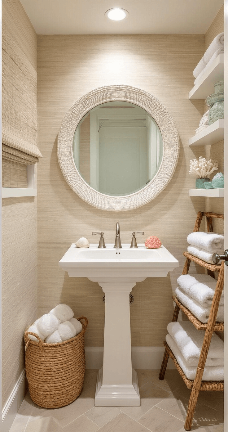 Creating Your Dream Coastal Bathroom: A Serene Sanctuary Awaits Intimate coastal-themed powder room with sandy beige grasscloth wallpaper, round capiz shell mirror above white pedestal sink, and rattan ladder displaying white towels, accented by coral and sea glass decor. Soft lighting enhances the serene atmosphere.