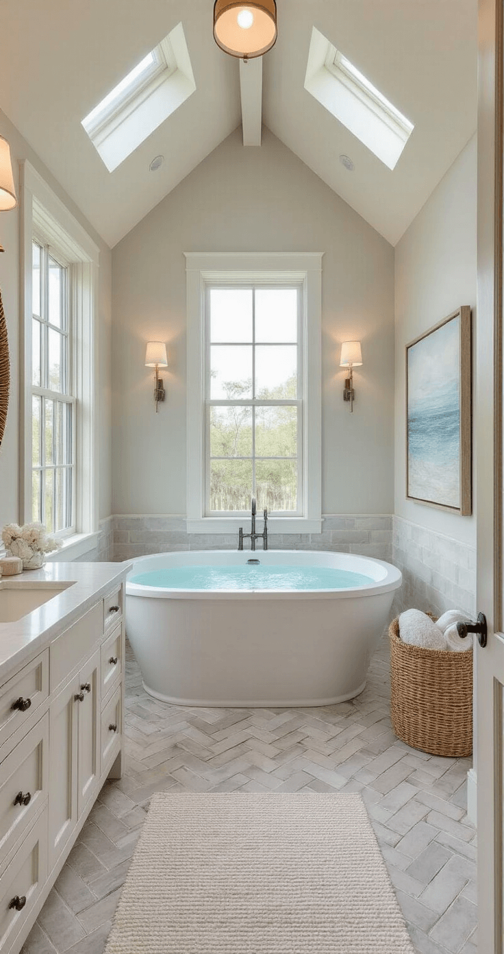 Creating Your Dream Coastal Bathroom: A Serene Sanctuary Awaits Luxurious coastal bathroom with freestanding soaking tub on a herringbone marble floor, custom white oak vanity, oversized round mirror, and natural light streaming through clerestory windows, featuring a palette of warm whites, pale grays, and ocean blues.