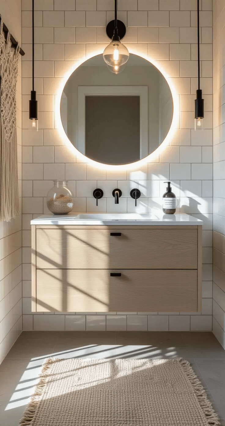 Creating Your Dream Coastal Bathroom: A Serene Sanctuary Awaits A modern coastal guest bath featuring white vertical subway tiles, a bleached oak floating vanity, a circular backlit mirror, and black matte fixtures, accented with a macramé wall hanging and a glass vessel filled with sand and shells. The image is captured straight-on, showcasing clean geometric lines and dramatic side lighting highlighting textures in bright white, driftwood, black, and sea foam colors.