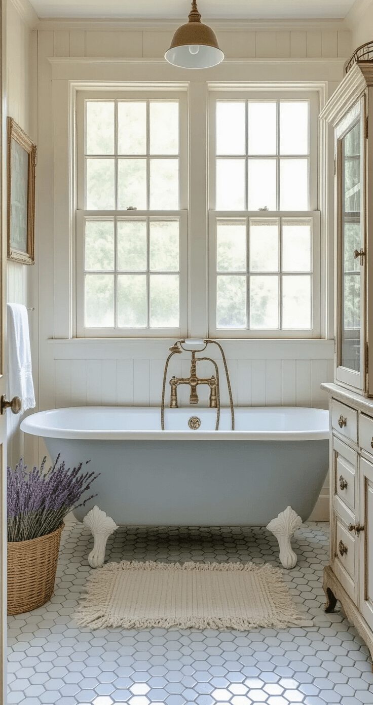 Creating Your Dream Coastal Bathroom: A Serene Sanctuary Awaits A vintage-inspired coastal bathroom featuring a soft gray clawfoot tub, hexagon floor tiles in white and pale blue, and an antique pharmacy cabinet; warmed by soft morning light through privacy glass and accented with wire baskets, cotton runners, and dried lavender.