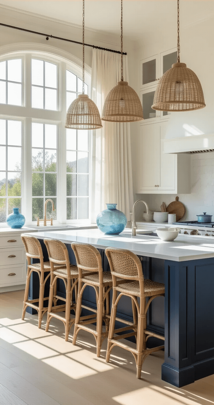 Beach Kitchen Ideas: Transform Your Space into a Coastal Sanctuary A sunlit coastal kitchen with white upper cabinets and a navy blue island, featuring natural oak floors, rattan barstools, and quartzite countertops, adorned with sea glass vases and white ceramic bowls, captured from the entrance with soft backlighting.