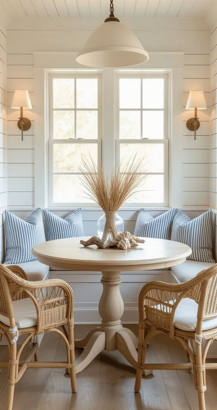Beach Kitchen Ideas: Transform Your Space into a Coastal Sanctuary Intimate kitchen nook featuring weathered white shiplap walls, a built-in window seat with blue and white striped cushions, a bleached oak pedestal table with a driftwood centerpiece, rattan chairs, and ambient lighting from shell-inspired sconces, all bathed in warm golden hour light.