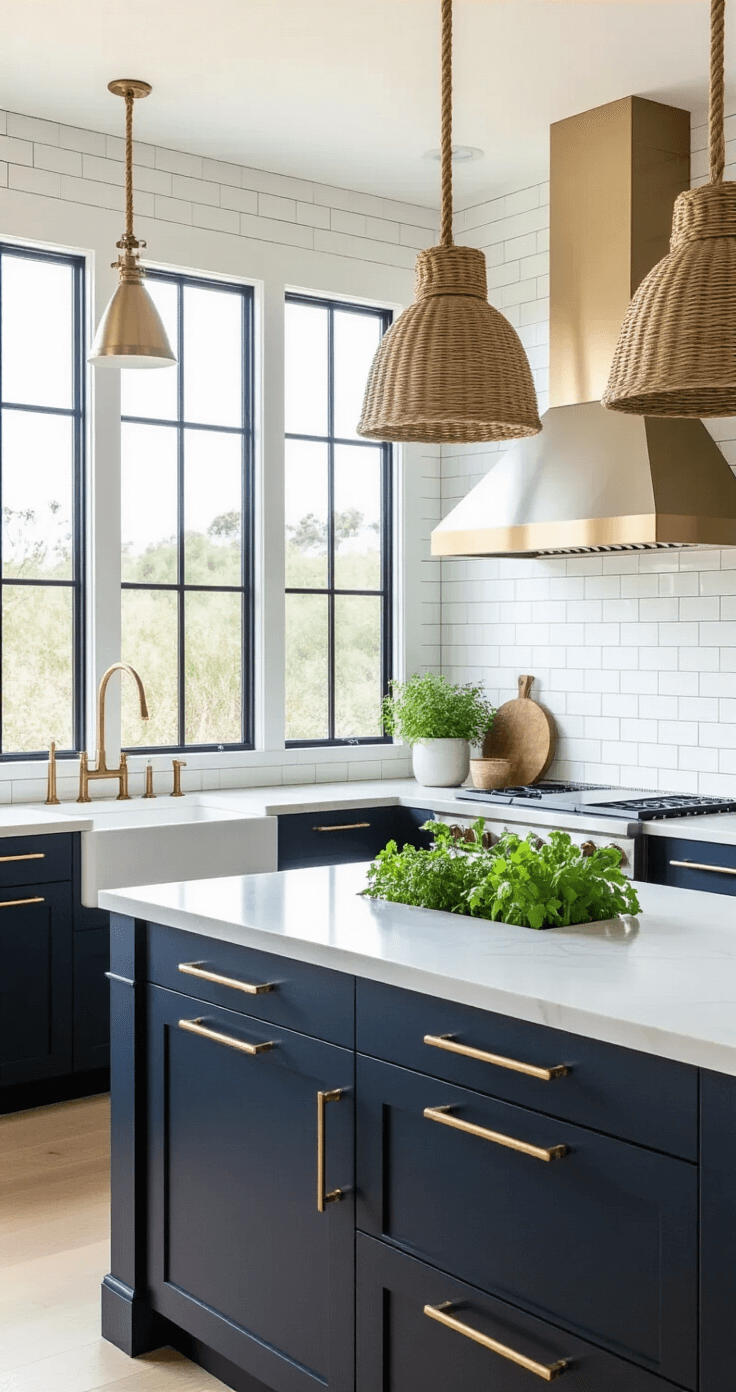 Beach Kitchen Ideas: Transform Your Space into a Coastal Sanctuary Modern coastal kitchen with industrial-style windows, featuring white subway tile backsplash, matte navy lower cabinets, brushed brass accents, 8ft white marble island with built-in herb garden, and natural fiber rope pendants, captured from a corner angle with afternoon light illuminating the space.