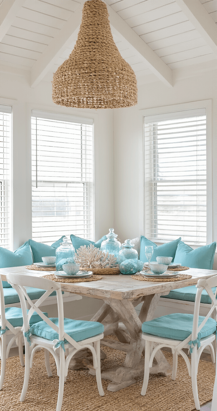 Beach Kitchen Ideas: Transform Your Space into a Coastal Sanctuary A bright beach-themed breakfast area featuring a rustic farm table adorned with sea glass hurricanes and coral, surrounded by whitewashed chairs with aqua blue cushions, under a vaulted ceiling illuminated by early morning light, with a dramatic rope chandelier overhead casting shadows.
