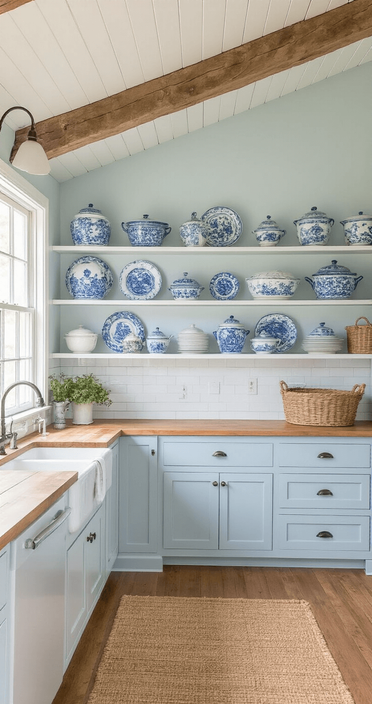 Beach Kitchen Ideas: Transform Your Space into a Coastal Sanctuary A cozy cottage-style kitchen featuring exposed beams, bright white cabinets, and pale blue walls, illuminated by mid-morning sunlight. Vintage blue and white porcelain decor on open shelving, a farmhouse sink with a bridge faucet, and warm touches like woven baskets and natural fiber rugs create an inviting atmosphere, captured from counter height.