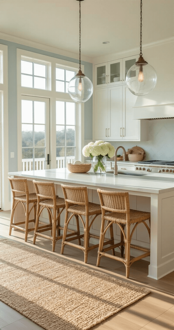 Wide-angle shot of an open-concept coastal kitchen featuring white shaker cabinets, a massive quartz island, rattan barstools, and decorative elements like driftwood and hydrangeas, all illuminated by golden morning light.