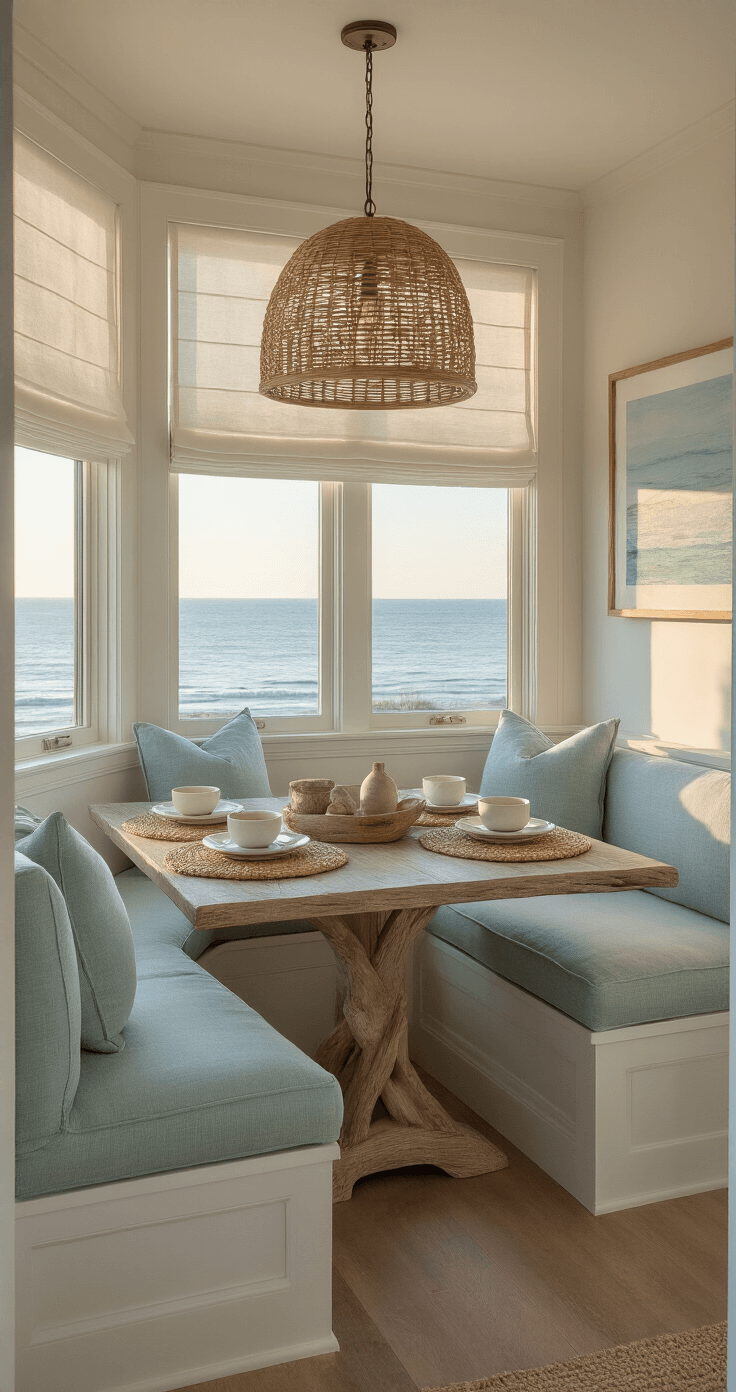 A cozy seaside breakfast nook with a bay window offering ocean views, featuring a seafoam linen banquette around a teak table, rattan pendant light casting shadows, and coastal artwork in soft colors, all bathed in warm golden hour light.