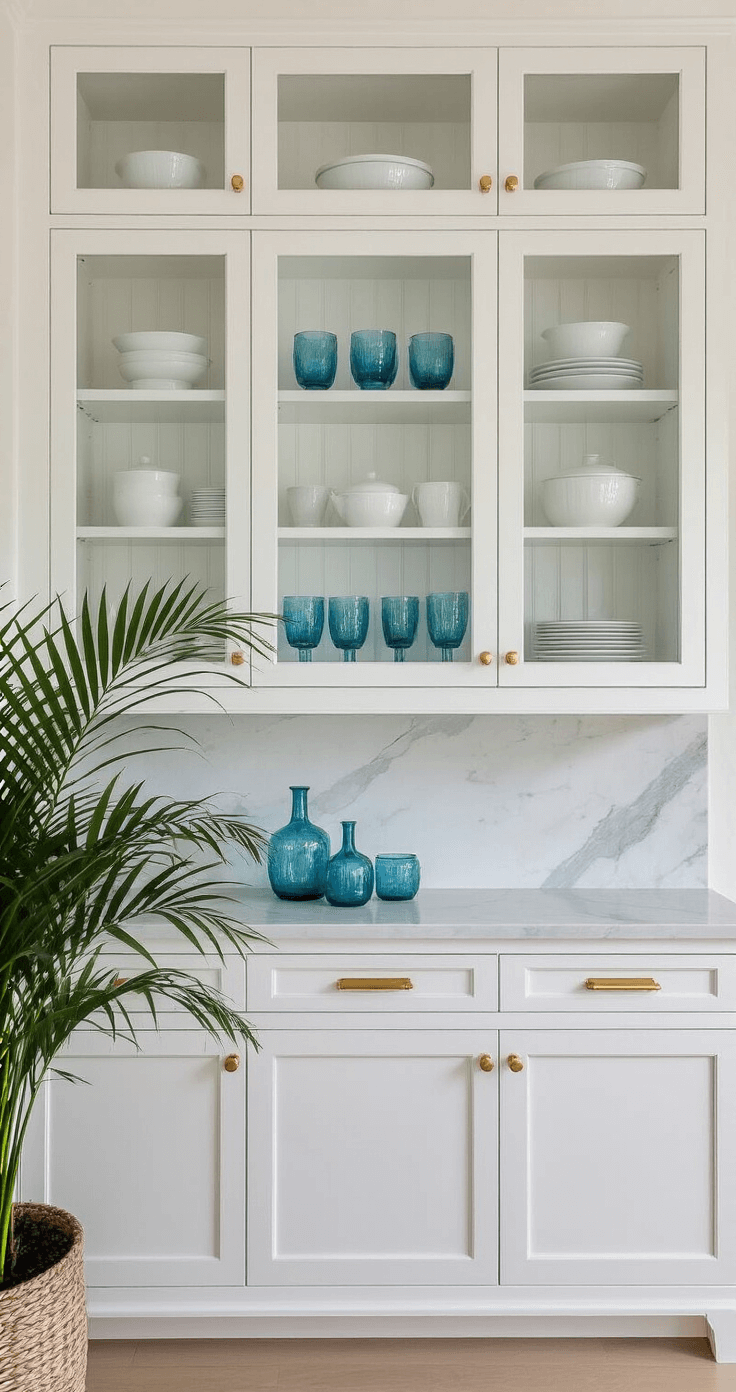 A medium shot of a 12ft wall of floor-to-ceiling white cabinetry with glass uppers, showcasing azure glassware and white ceramics on open shelves, with a marble backsplash and a potted palm, illuminated by afternoon light.