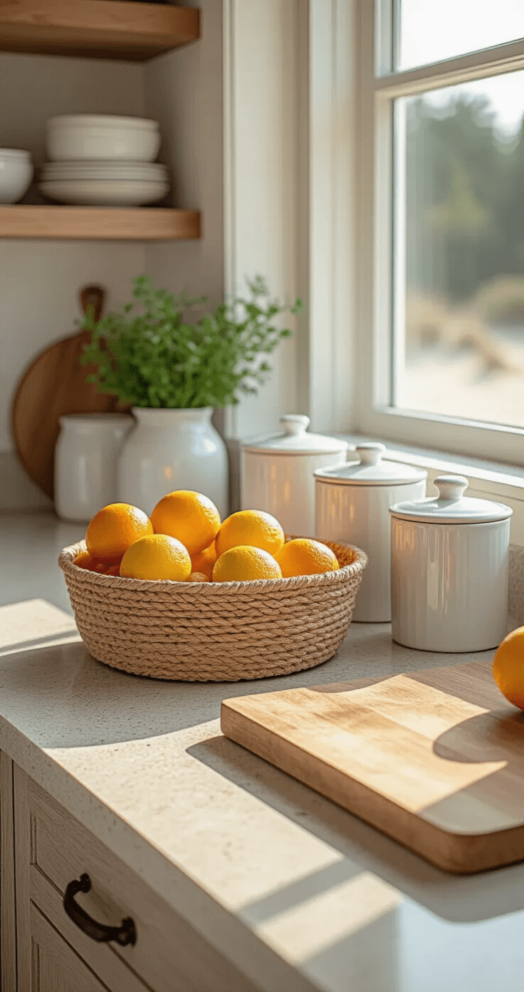 Close-up detail of a beachside kitchen island with a sandy-toned quartz countertop, fresh citrus in a natural fiber basket, white ceramic canisters, and a weathered wood cutting board, captured in soft morning light with a shallow depth of field.