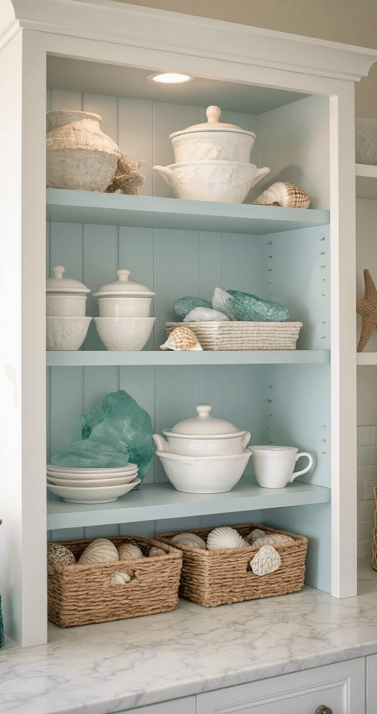 Interior view of a 36-inch glass-front cabinet displaying a white ironstone collection, sea glass accents, and natural shells against a pale blue backdrop, with soft side lighting enhancing the textures.