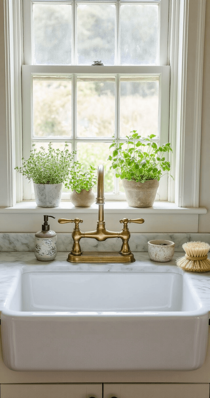 A farmhouse sink vignette featuring a white porcelain basin under a window, with a brass gooseneck faucet and a marble windowsill adorned with potted herbs and a sea glass collection. Natural fiber dish brush and handmade pottery soap dish add texture, captured at a 30-degree angle.