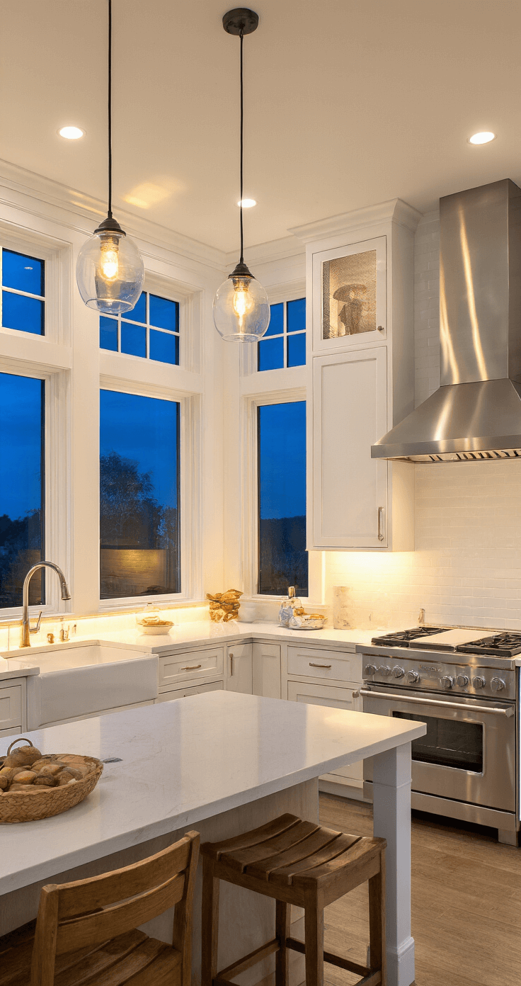 Twilight interior of a coastal kitchen, featuring warm undercabinet lighting and glass pendants, with a cool blue exterior glow creating a dramatic atmosphere. White surfaces emit a golden hue, while glass and metal elements sparkle. The composition has a diagonal perspective to enhance depth.