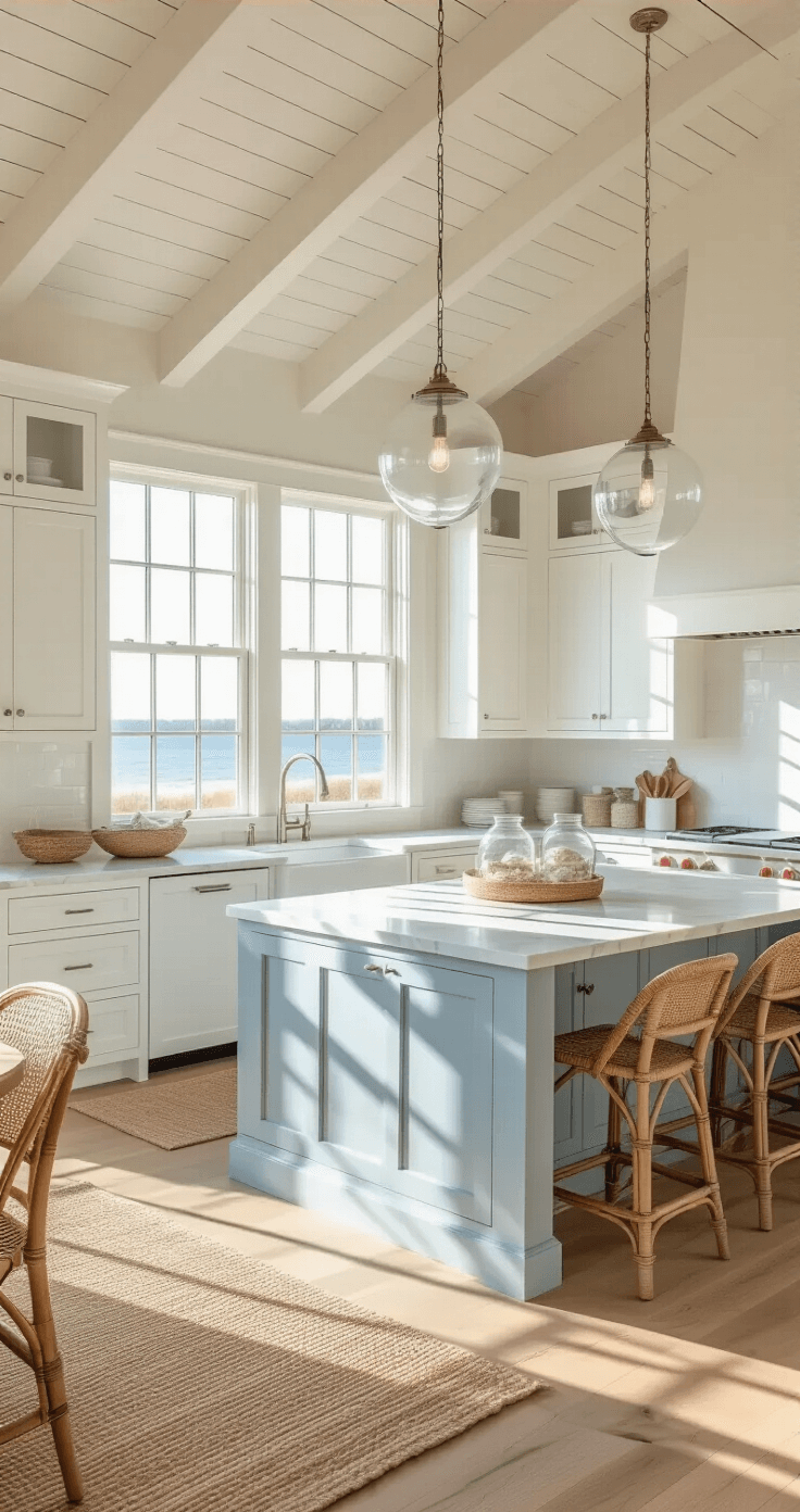 Transforming Your Kitchen into a Coastal Paradise: A Complete Design Guide A coastal kitchen with high ceilings and white wooden beams, featuring white shaker cabinets and a pale blue marble-topped island, illuminated by natural light from floor-to-ceiling windows.