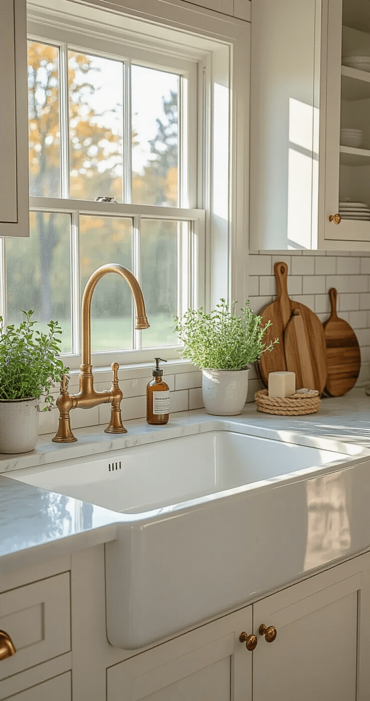 Transforming Your Kitchen into a Coastal Paradise: A Complete Design Guide Modern farmhouse sink station featuring a 36-inch white fireclay sink beneath a window, with a white subway tile backsplash and brass gooseneck faucet. The marble countertops are styled with wooden cutting boards, potted herbs, and a rope-wrapped soap dispenser, captured in warm golden hour lighting.