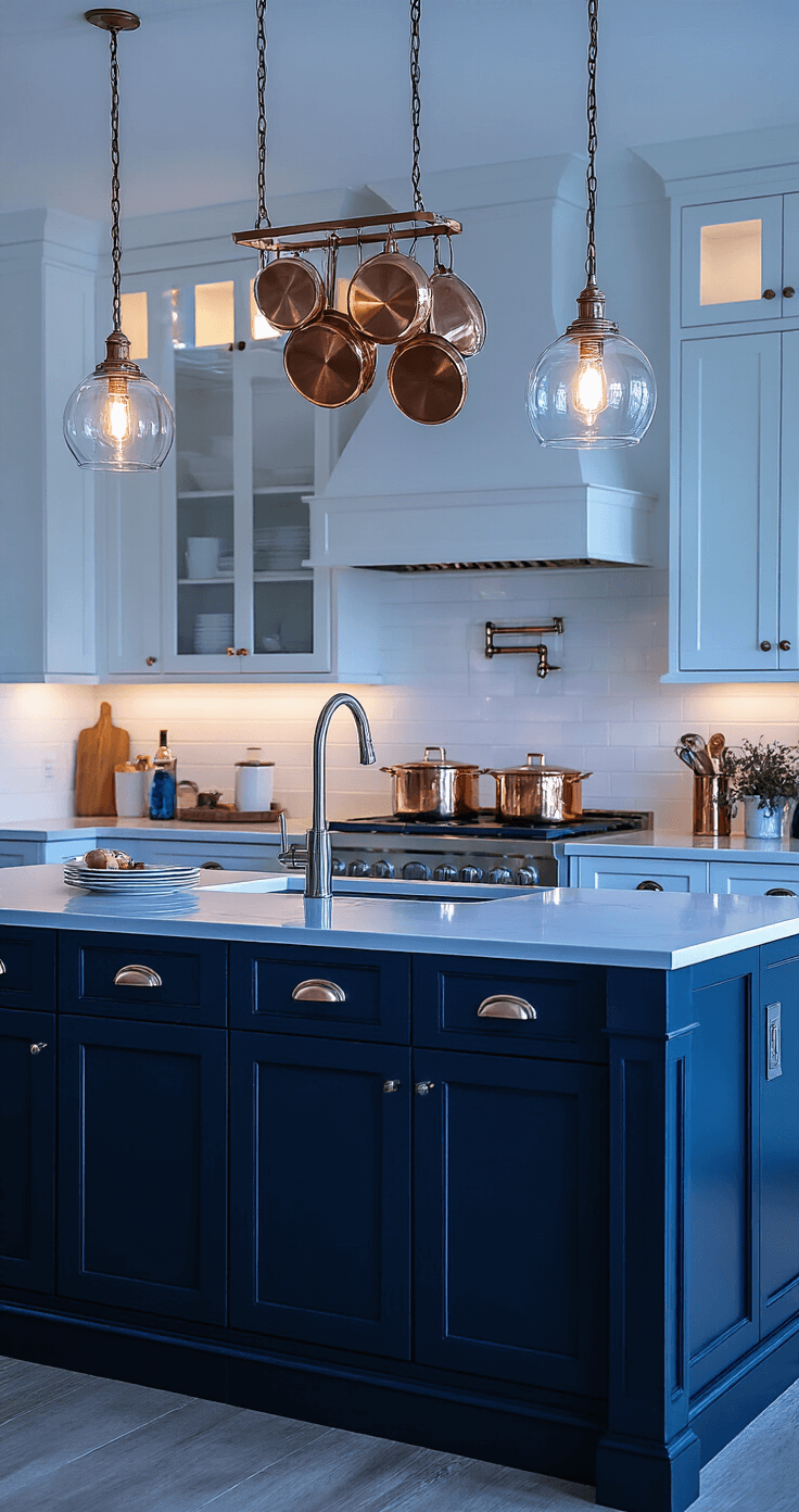 Transforming Your Kitchen into a Coastal Paradise: A Complete Design Guide A cozy evening kitchen featuring layered lighting with under-cabinet LEDs, glass pendant fixtures, and sconces illuminating white cabinetry, while a copper cookware collection shines and a dark navy island base adds contrast.