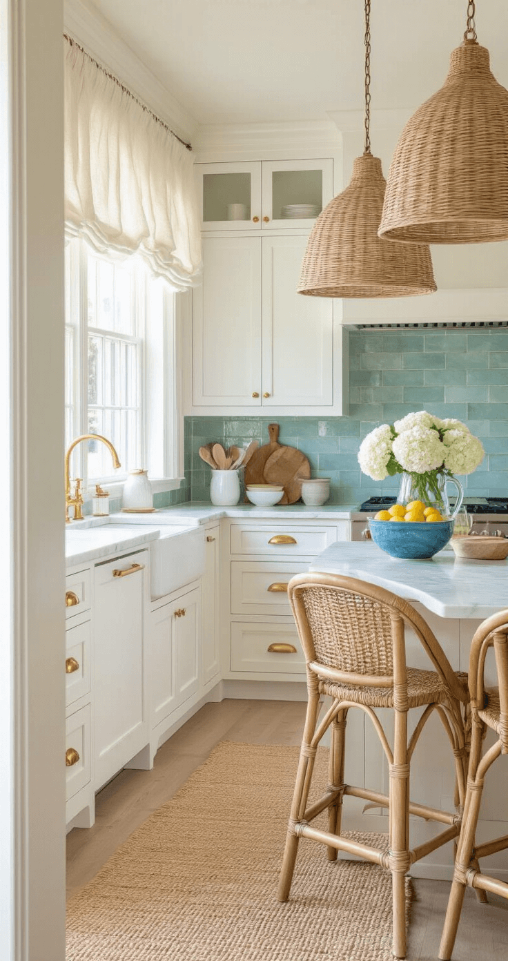 Coastal Kitchen Decor: Transform Your Space into a Breezy Seaside Sanctuary A wide-angle view of a sun-drenched coastal kitchen featuring white shaker cabinets with brass pulls, a sea-glass backsplash, and marble countertops styled with a blue ceramic bowl of lemons, a glass pitcher, and white hydrangeas, all illuminated by soft natural light streaming through gauzy linen curtains. Rattan pendant lights hang over a marble island with woven barstools, and a jute rug anchors the space, while a driftwood cutting board leans against the backsplash.