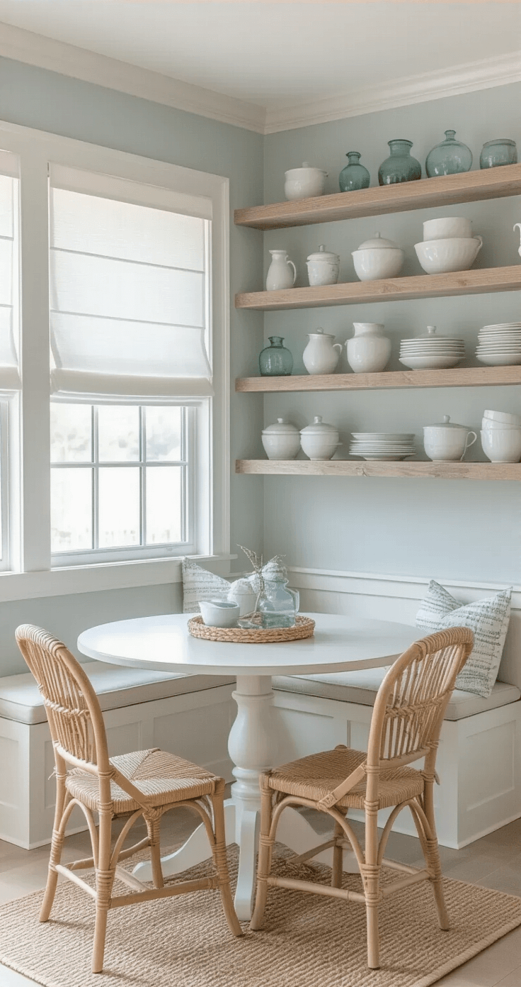 Coastal Kitchen Decor: Transform Your Space into a Breezy Seaside Sanctuary Corner view of a coastal kitchen featuring a breakfast nook with a whitewashed round table and rope-detailed chairs, complemented by bleached wood shelves displaying white pottery and sea glass, with sheer white roman shades and pale blue-grey walls.